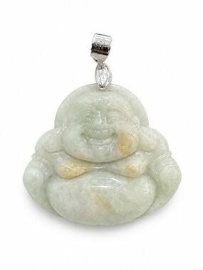 JADE Carved Laughing Buddha Pendant - Pale Green with Honey Accents